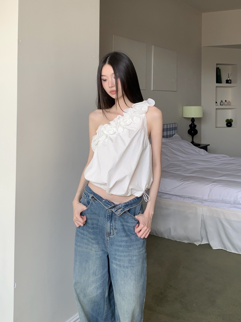 Women's One-Shoulder Floral Ruffle Halter Bud Camisole Top