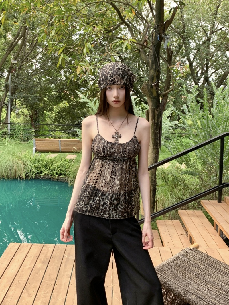 Women's Summer Leopard Dot Flocked Mesh Ruched Cami Top Semi-Sheer with Triangle Scarf
